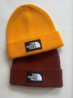 The North Face Yellow and Brown Ribbed Logo Box Cuffed Beanies